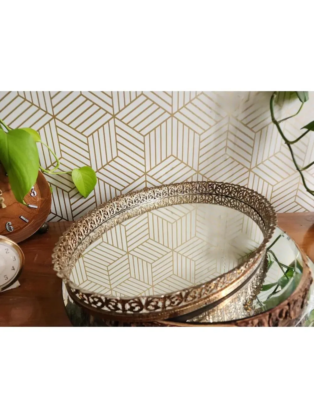 Large Hollywood Regency Style Brass Filigree & Glass Mirror Oval Vanity Tray